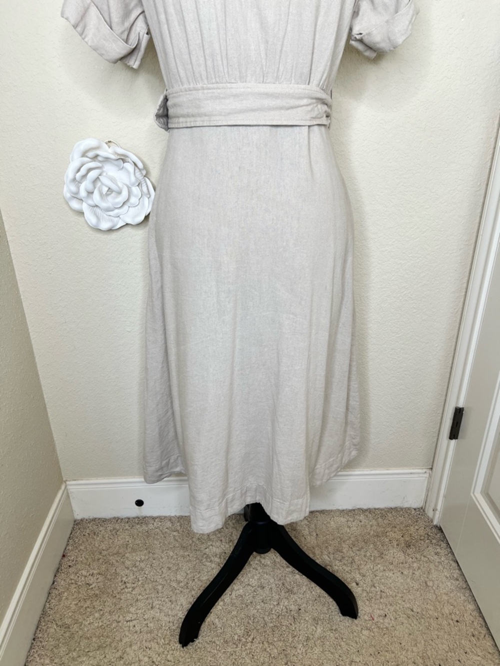 NTM Tahari Linen Blend Shirt Dress Belted Button Front Taupe XS Midi Pockets - Picture 14 of 16